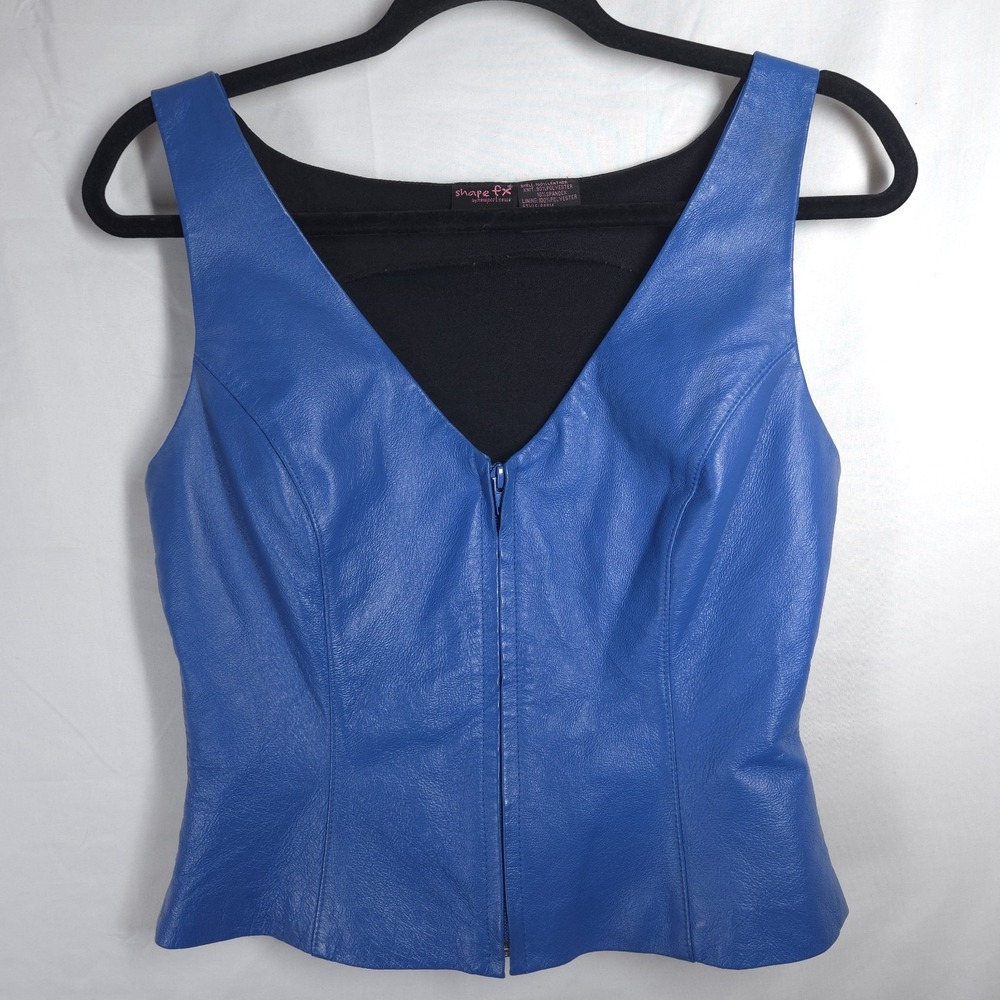 Shape FX Newport News Blue Leather Tank Top Womens 6 Zip Front Stretch Y2K
